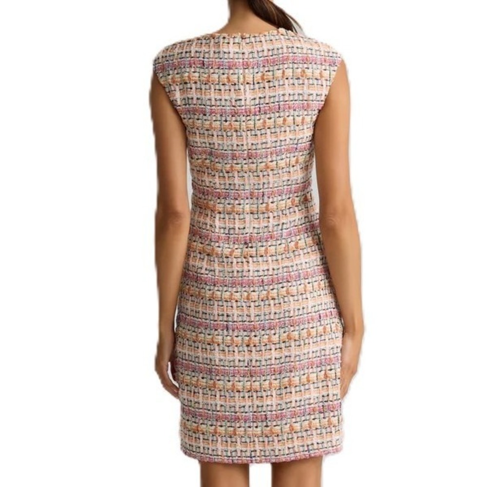 St John Raised Tweed Knit Dress Size 6 Melon Pink Plaid Sleeveless Luxury NWT - Picture 2 of 10